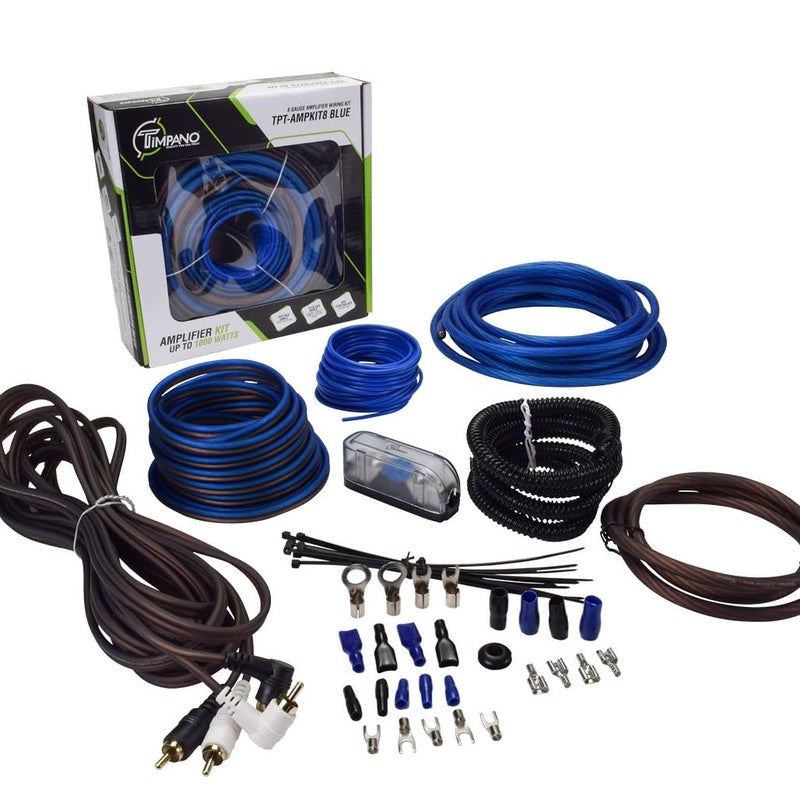 TIMPANO Amplifier Wiring Kit - 8 Gauge Amp Kit 1000 Watts Car Amplifier Installation CCA Cables Kit – 60 Amp Fuse Single Amp TPT-AMPKIT8 Blue - Image 1